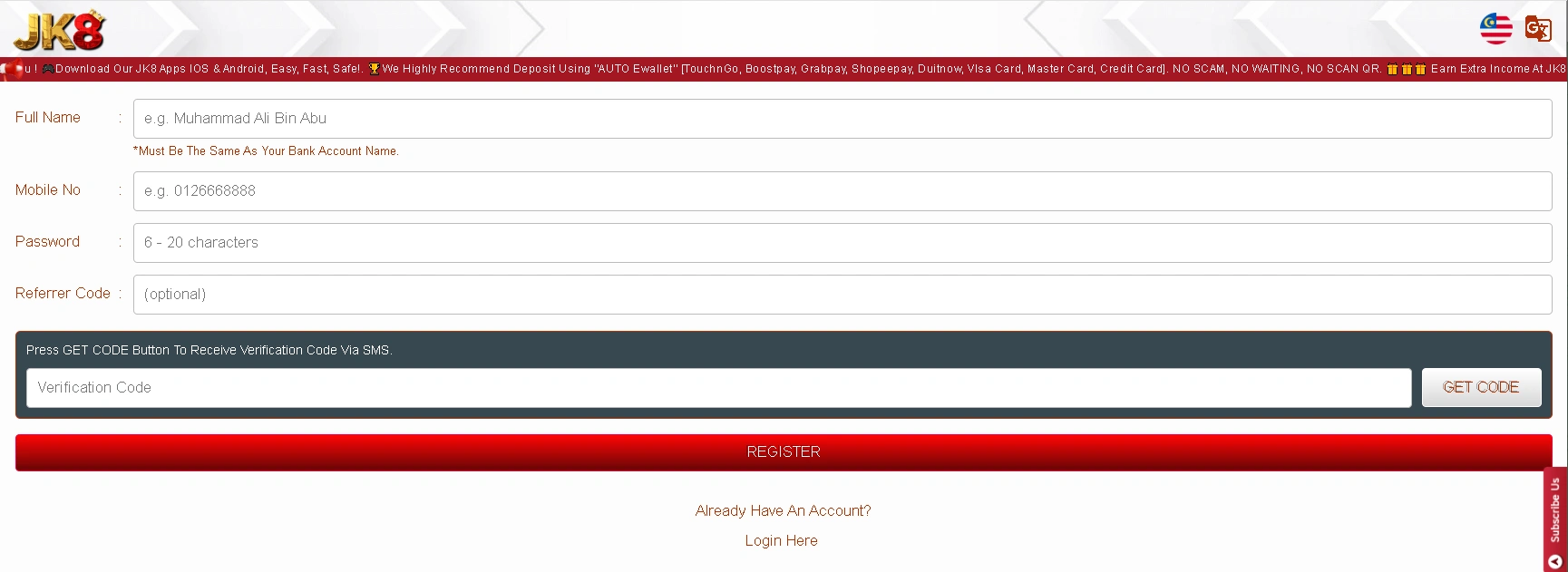 How to register on JK8 